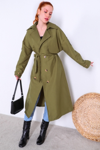 Cappmoda - CKT-12393 Haki Düğme Detaylı Uzun Mevsimlik Trençkot (1)