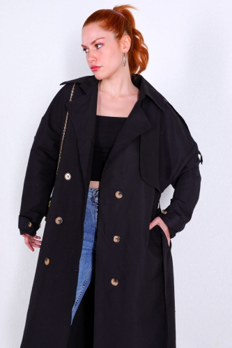 Cappmoda - CKT-12393 Siyah Düğme Detaylı Uzun Mevsimlik Trençkot (1)