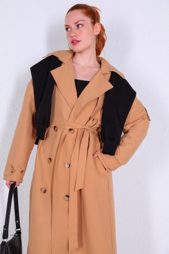 Cappmoda - CKT-12393 Vizon Düğme Detaylı Uzun Mevsimlik Trençkot (1)