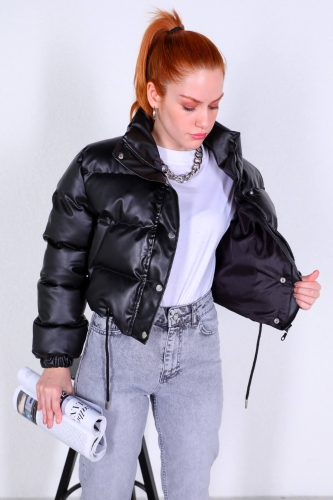 Cappmoda - CKT-12395 Siyah Crop Suni Deri Şişme Mont (1)