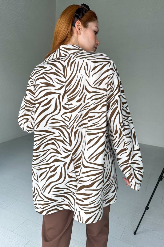 CKT-12396 Kahverengi Zebra Desen Keten Blazer Ceket