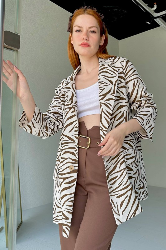 CKT-12396 Kahverengi Zebra Desen Keten Blazer Ceket