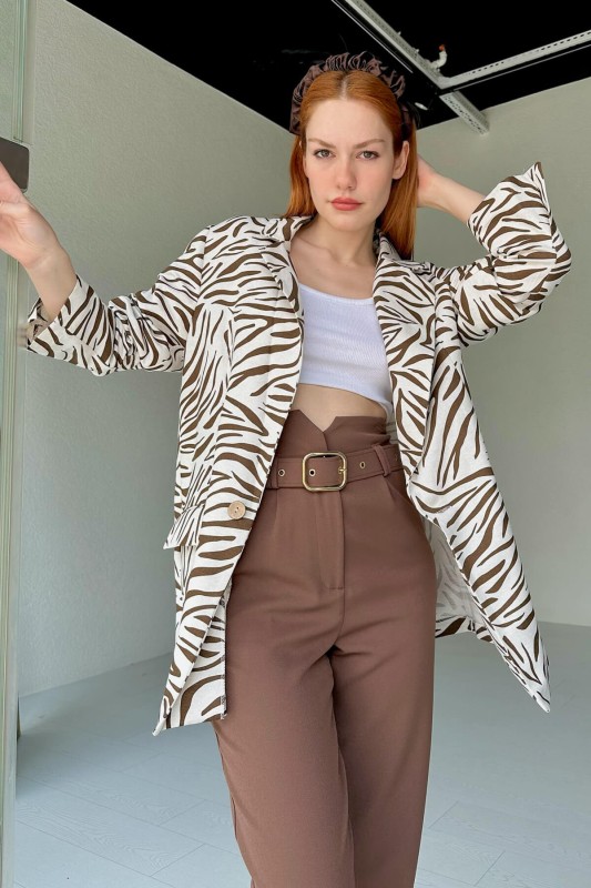 CKT-12396 Kahverengi Zebra Desen Keten Blazer Ceket