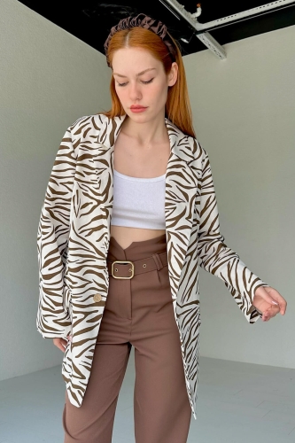 CKT-12396 Kahverengi Zebra Desen Keten Blazer Ceket - Thumbnail