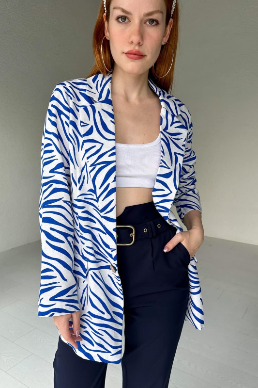 CKT-12396 Mavi Zebra Desen Keten Blazer Ceket - 2