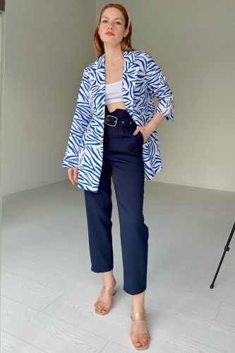 CKT-12396 Mavi Zebra Desen Keten Blazer Ceket - 4