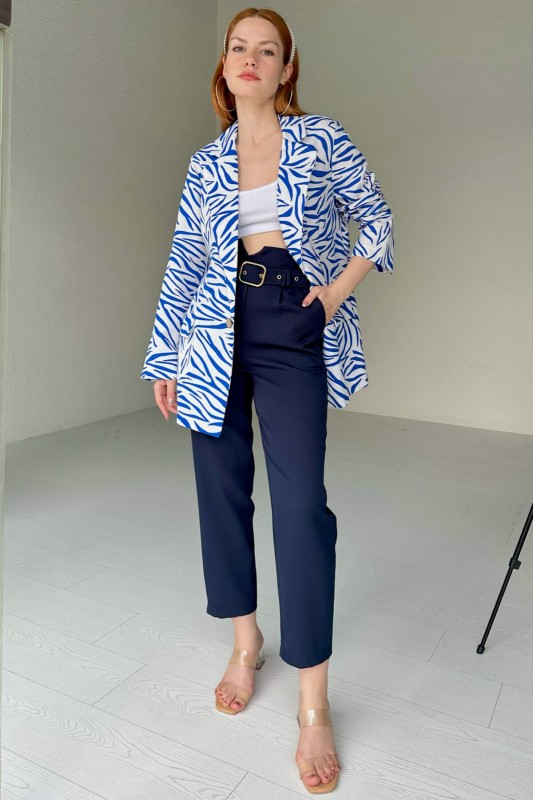 CKT-12396 Mavi Zebra Desen Keten Blazer Ceket - 4