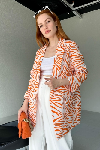 CKT-12396 Turuncu Zebra Desen Keten Blazer Ceket - Thumbnail