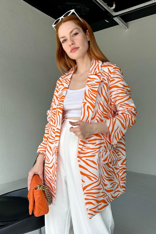 CKT-12396 Turuncu Zebra Desen Keten Blazer Ceket - 4