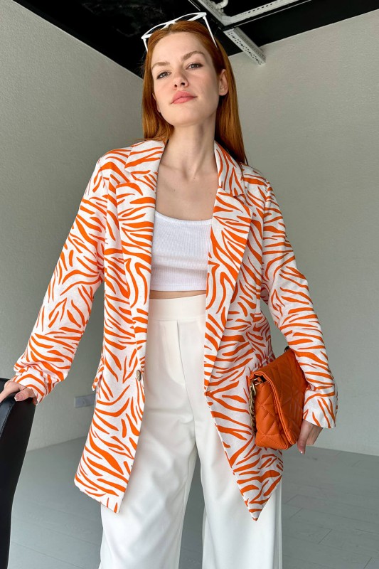CKT-12396 Turuncu Zebra Desen Keten Blazer Ceket - 2