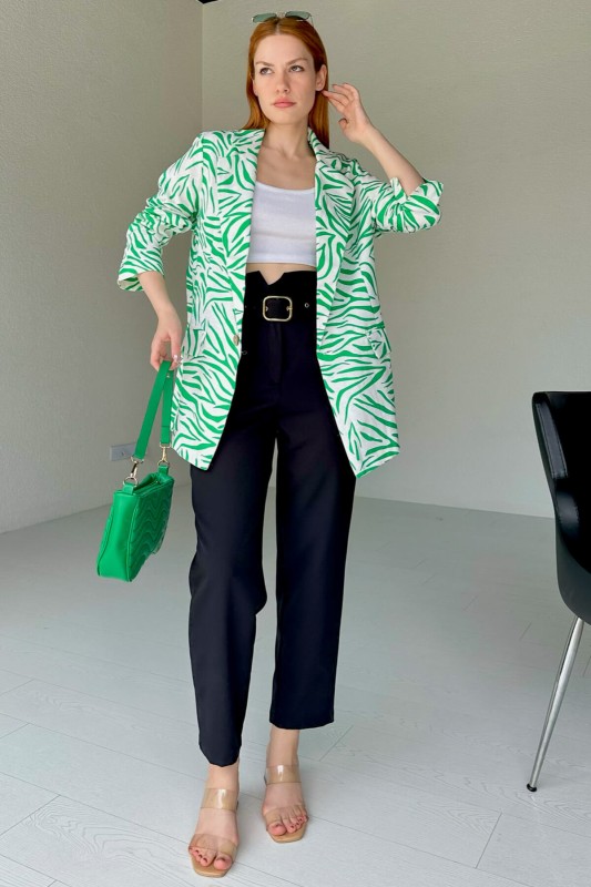 CKT-12396 Yeşil Zebra Desen Keten Blazer Ceket - 4