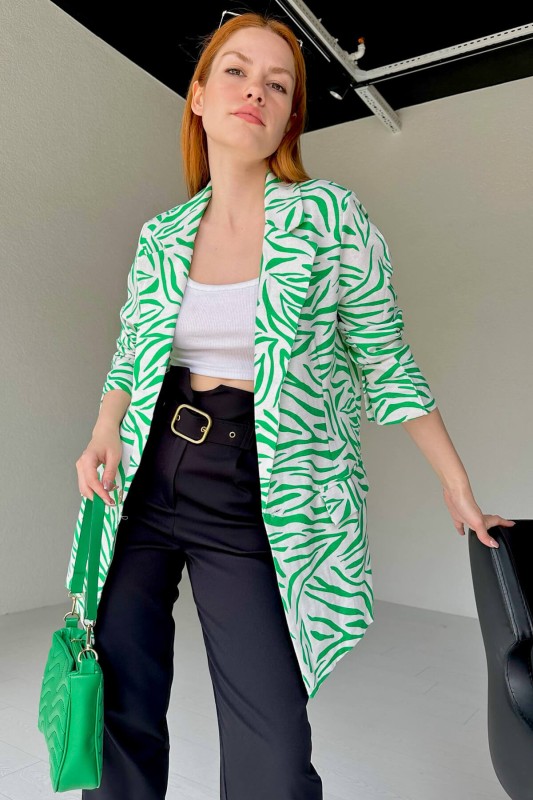 CKT-12396 Yeşil Zebra Desen Keten Blazer Ceket - 2