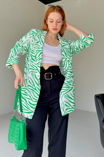 CKT-12396 Yeşil Zebra Desen Keten Blazer Ceket 