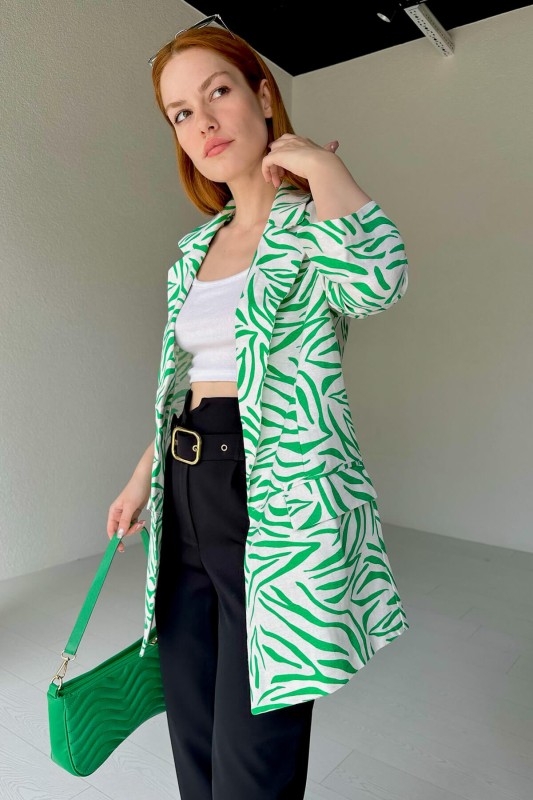 CKT-12396 Yeşil Zebra Desen Keten Blazer Ceket - 5