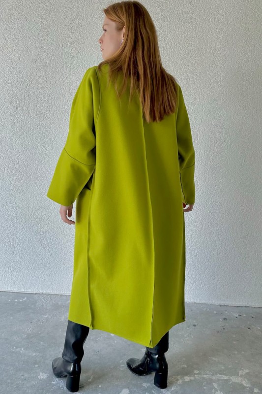 CKT-12405 Yağ Yeşili Yarasa Kol Kaşe Kumaş Kuşaklı Cep Detay Uzun Ceket