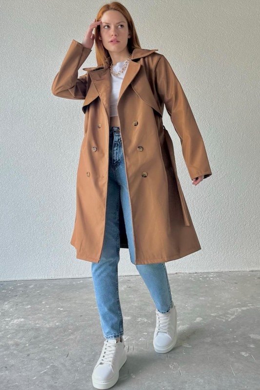 CKT-12406 Taba Kuşaklı Düğmeli Su Geçirmez Trençkot