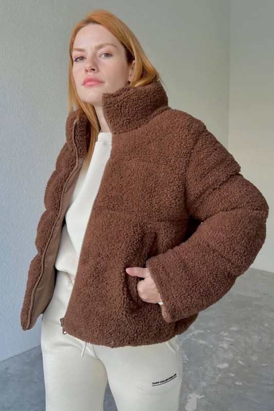 CKT-12411 Taba Tedy Kumaş Fermuarlı Astarlı Dik Yaka Mont - 6