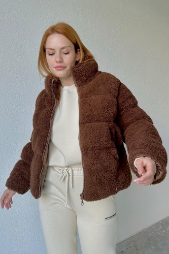 CKT-12411 Taba Tedy Kumaş Fermuarlı Astarlı Dik Yaka Mont - 7