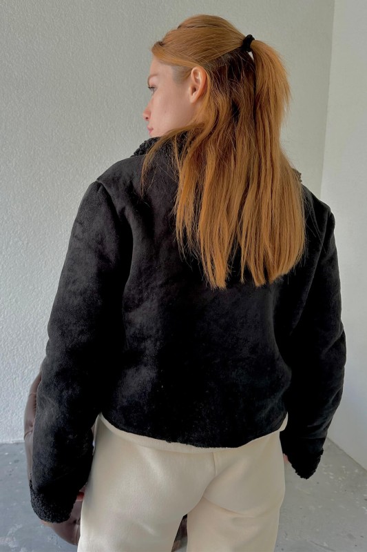 CKT-12415 Siyah İçi Kürklü Nubuk Kumaş Fermuarlı Ceket