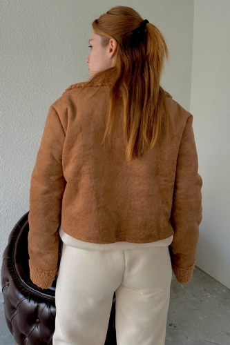 CKT-12415 Taba İçi Kürklü Nubuk Kumaş Fermuarlı Ceket - 4