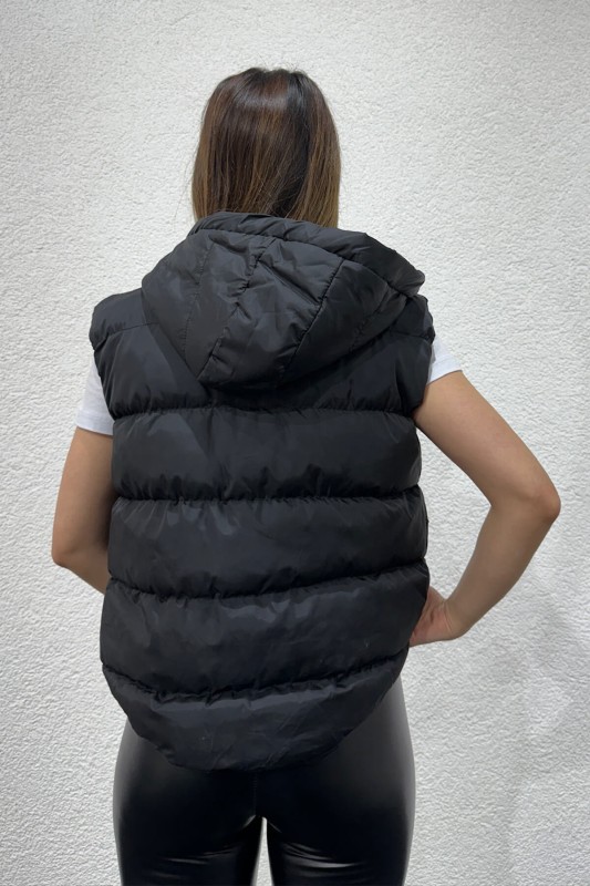 CKT-12419 Siyah Kuşgözü İpli Kapüşonlu Astarlı Şişme Yelek