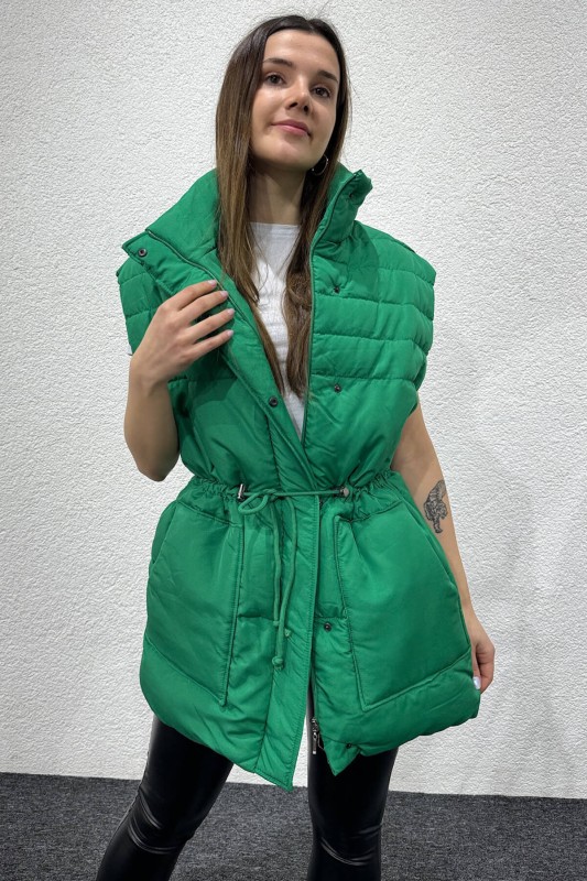CKT-12428 Yeşil Bel Büzgülü Dik Yaka Cepli Şişme Yelek