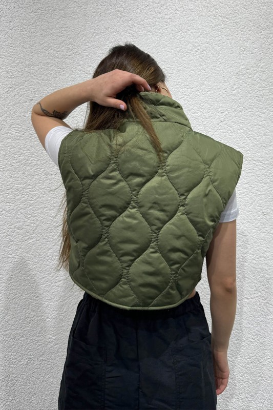 CKT-12431 Haki Yan Çıtçıtlı Dik Yaka Şişme Crop Yelek - 4