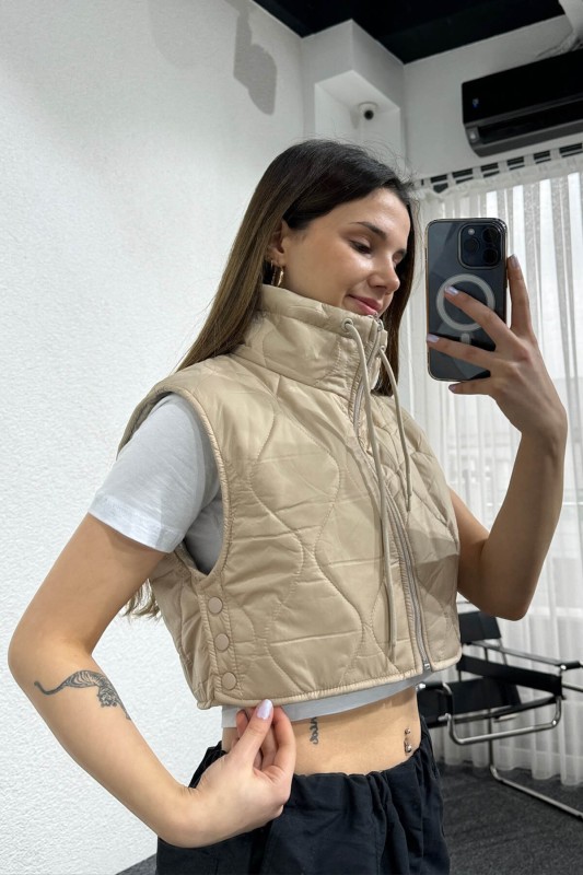 CKT-12431 Vizon Yan Çıtçıtlı Dik Yaka Şişme Crop Yelek - 1