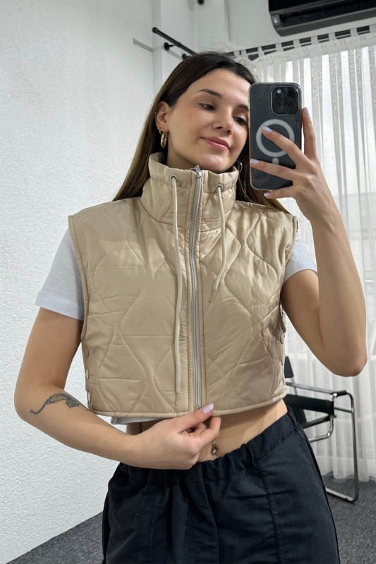 CKT-12431 Vizon Yan Çıtçıtlı Dik Yaka Şişme Crop Yelek - 2
