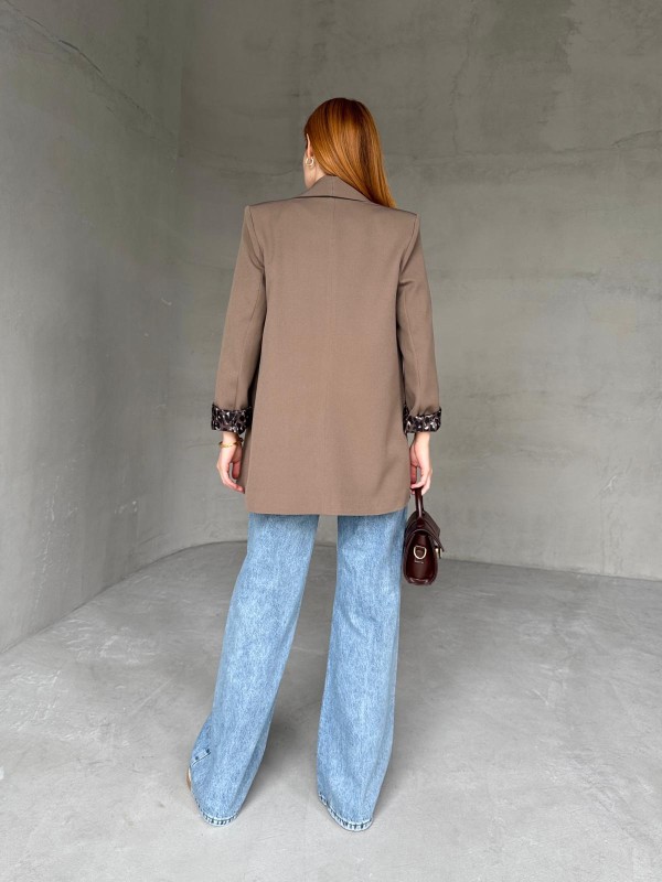 CKT-12435 Kahverengi Leopar Astarlı Vatkalı Kruvaze Yaka Blazer Ceket
