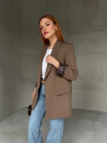 CKT-12435 Kahverengi Leopar Astarlı Vatkalı Kruvaze Yaka Blazer Ceket - Thumbnail