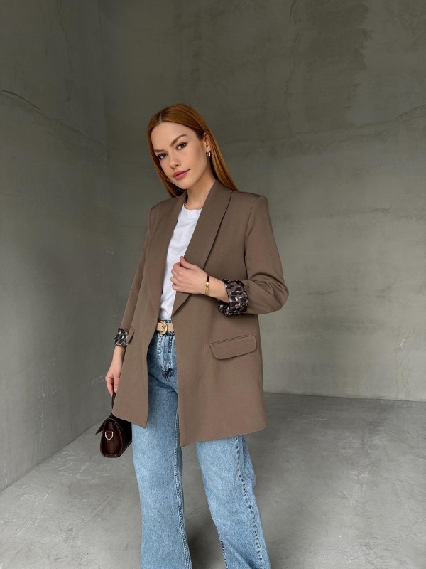 CKT-12435 Kahverengi Leopar Astarlı Vatkalı Kruvaze Yaka Blazer Ceket