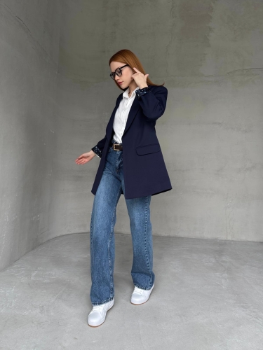 CKT-12435 Lacivert Leopar Astarlı Vatkalı Kruvaze Yaka Blazer Ceket - Thumbnail