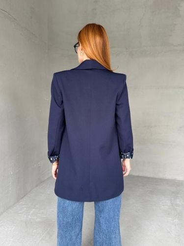 CKT-12435 Lacivert Leopar Astarlı Vatkalı Kruvaze Yaka Blazer Ceket - Thumbnail