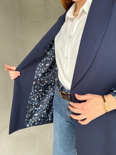 Cappmoda - CKT-12435 Lacivert Leopar Astarlı Vatkalı Kruvaze Yaka Blazer Ceket (1)
