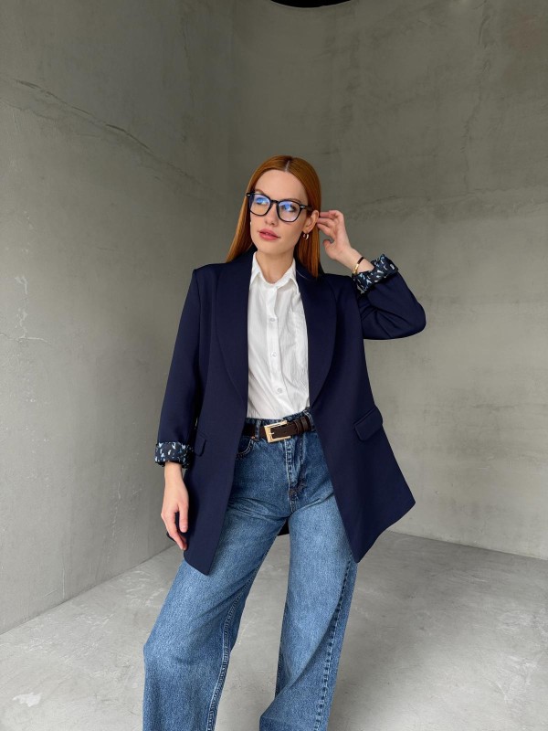 CKT-12435 Lacivert Leopar Astarlı Vatkalı Kruvaze Yaka Blazer Ceket