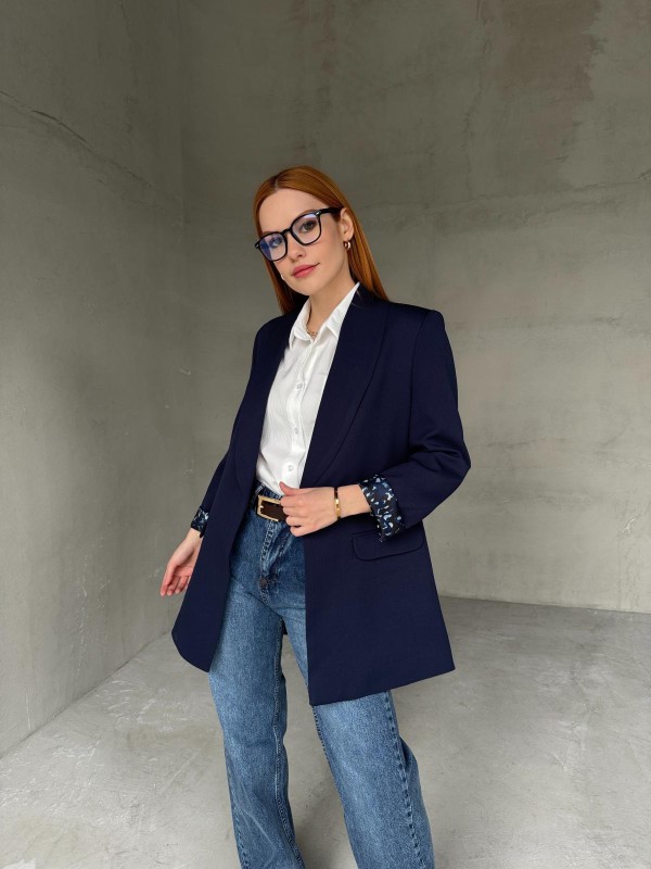 CKT-12435 Lacivert Leopar Astarlı Vatkalı Kruvaze Yaka Blazer Ceket