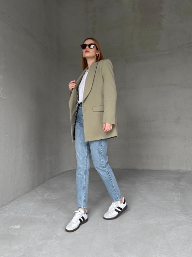 CKT-12435 Mint Yeşili Leopar Astarlı Vatkalı Kruvaze Yaka Blazer Ceket - Thumbnail