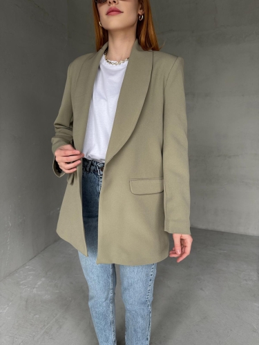 CKT-12435 Mint Yeşili Leopar Astarlı Vatkalı Kruvaze Yaka Blazer Ceket - Thumbnail