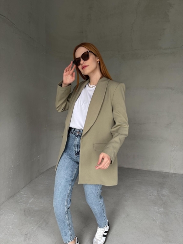 CKT-12435 Mint Yeşili Leopar Astarlı Vatkalı Kruvaze Yaka Blazer Ceket - Thumbnail