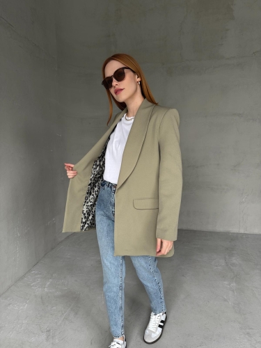 CKT-12435 Mint Yeşili Leopar Astarlı Vatkalı Kruvaze Yaka Blazer Ceket - Thumbnail