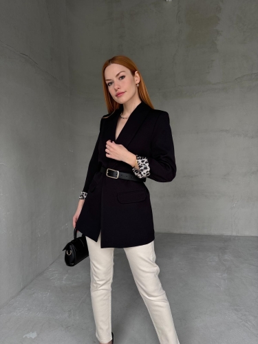 CKT-12435 Siyah Leopar Astarlı Vatkalı Kruvaze Yaka Blazer Ceket - Thumbnail