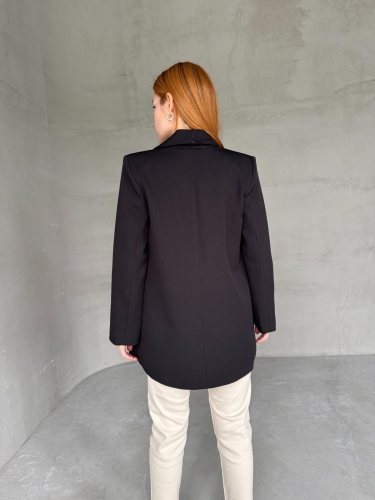 CKT-12435 Siyah Leopar Astarlı Vatkalı Kruvaze Yaka Blazer Ceket - Thumbnail