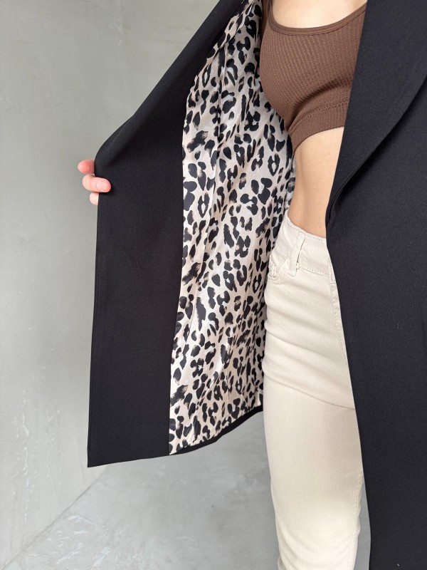 CKT-12435 Siyah Leopar Astarlı Vatkalı Kruvaze Yaka Blazer Ceket
