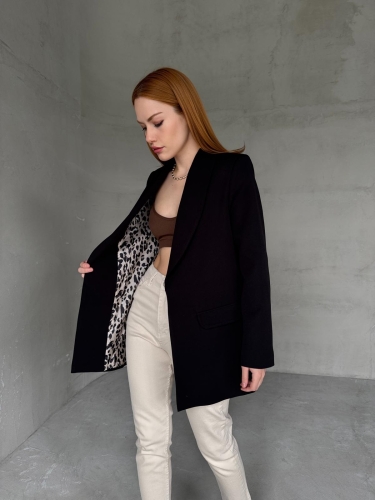 CKT-12435 Siyah Leopar Astarlı Vatkalı Kruvaze Yaka Blazer Ceket - Thumbnail