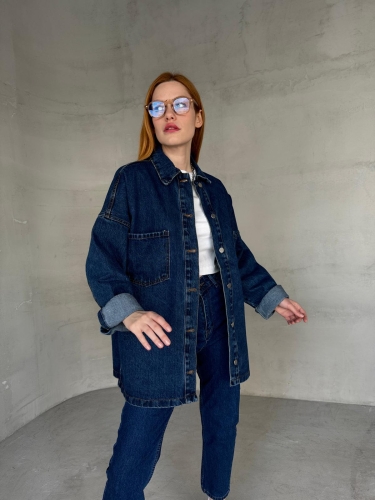 CKT-12437 Koyu Mavi Cep Detaylı Uzun Kot Ceket - Cappmoda