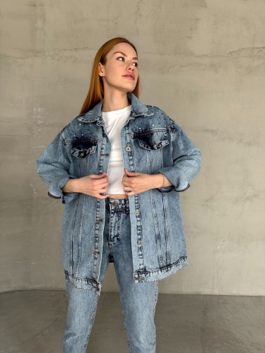 Cappmoda - CKT-12438 Mavi Taş İşlemeli Cep Detaylı Boyfriend Kot Ceket (1)