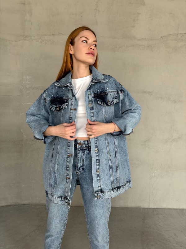 CKT-12438 Mavi Taş İşlemeli Cep Detaylı Boyfriend Kot Ceket