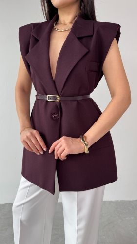 Cappmoda - CKT-12440 Mürdüm Vatkalı Kruvaze Yaka Tek Düğmeli Yelek (1)