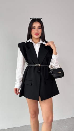 Cappmoda - CKT-12440 Siyah Vatkalı Kruvaze Yaka Tek Düğmeli Yelek (1)